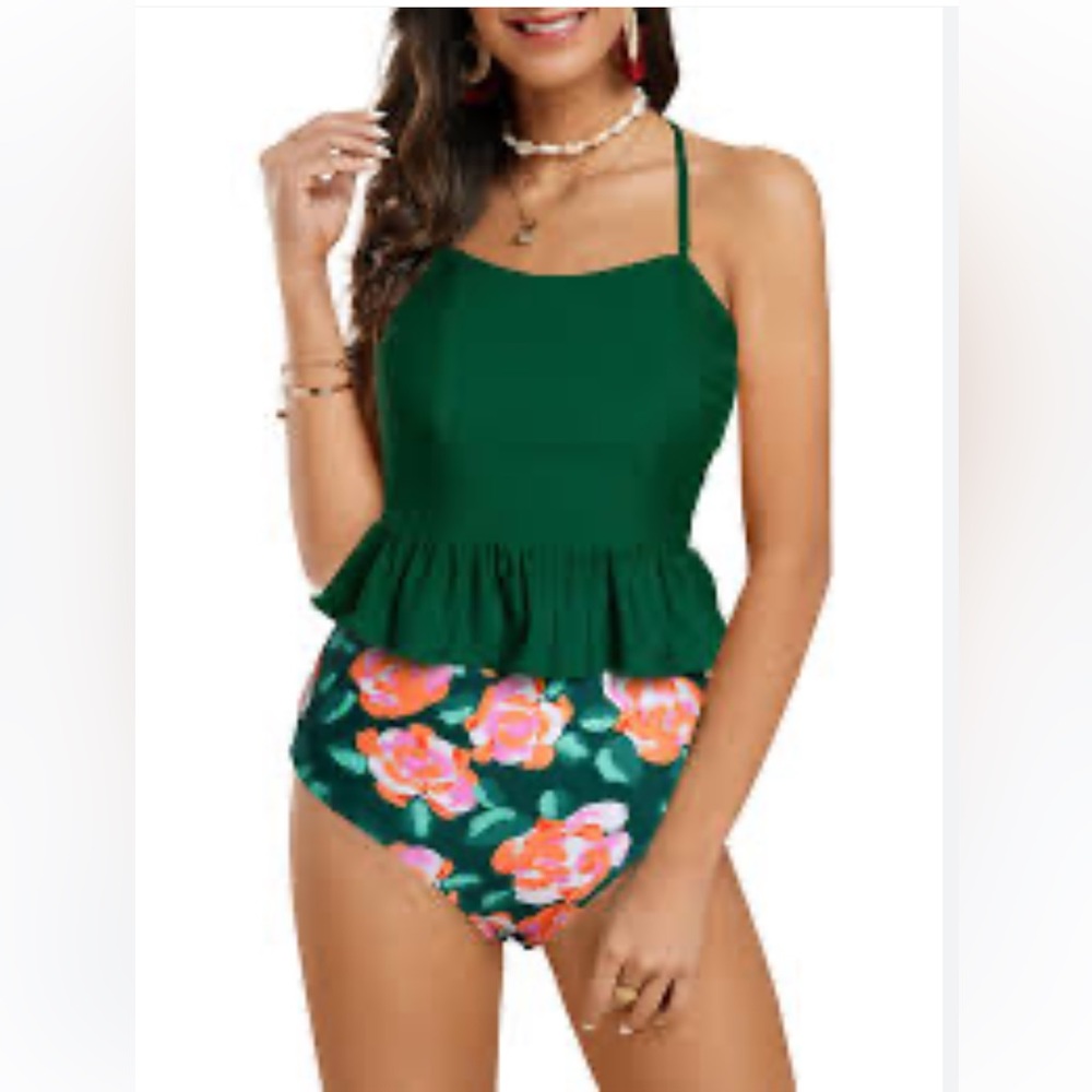 Tutorutor Women High Waisted Peplum Tankini Ruffle Floral Print  2 Piece Swimsui